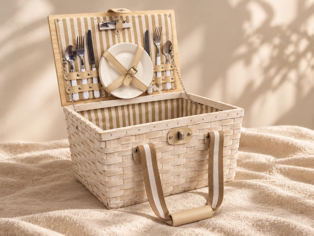 Open whitewashed picnic basket with striped lining and secured tableware