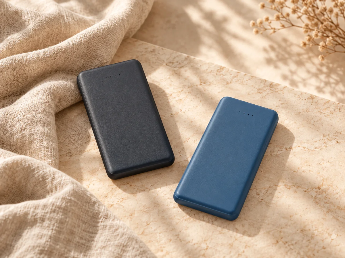 Charcoal and blue power banks on a warm cream surface