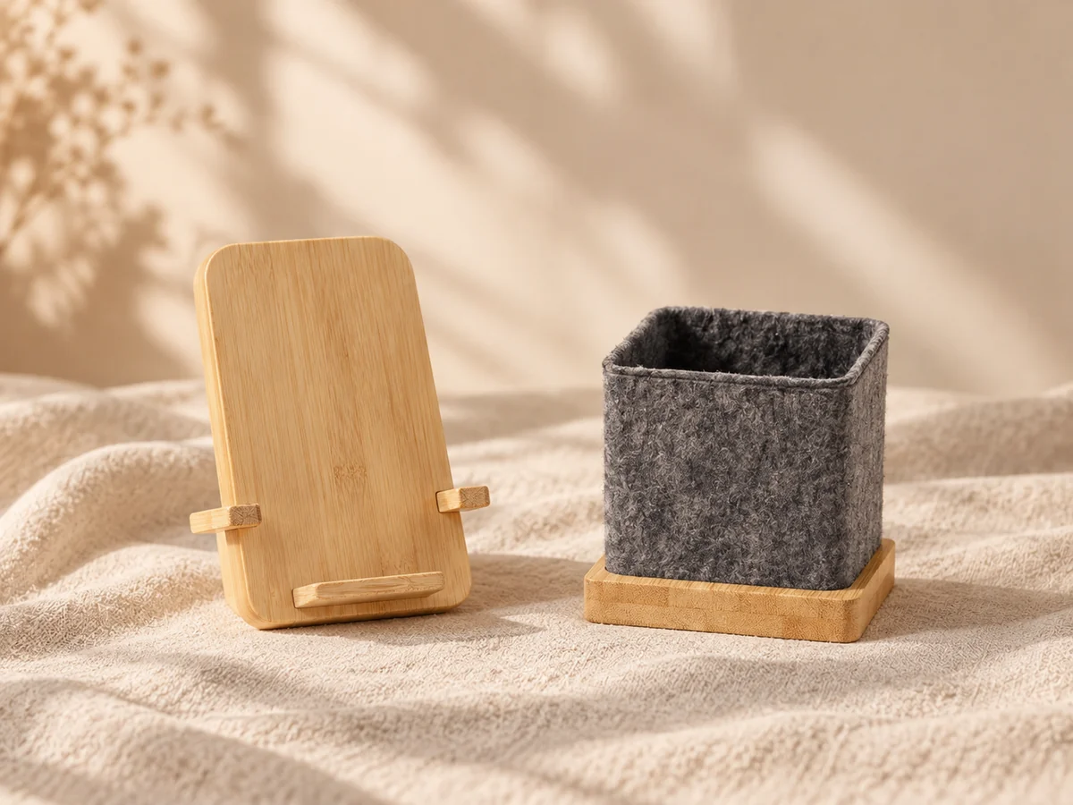 Bamboo phone stand beside a grey felt desk organiser