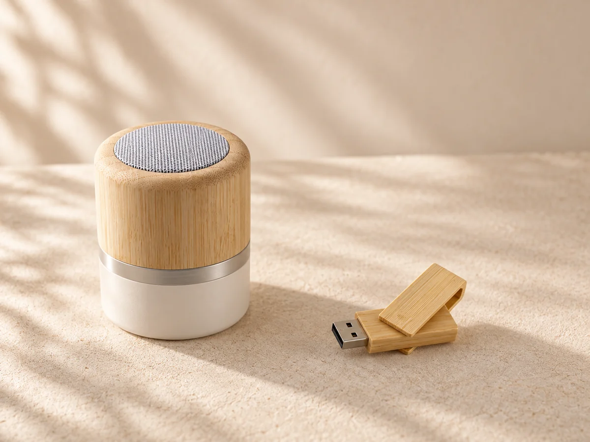 Wood-finish speaker and wooden swivel USB stick