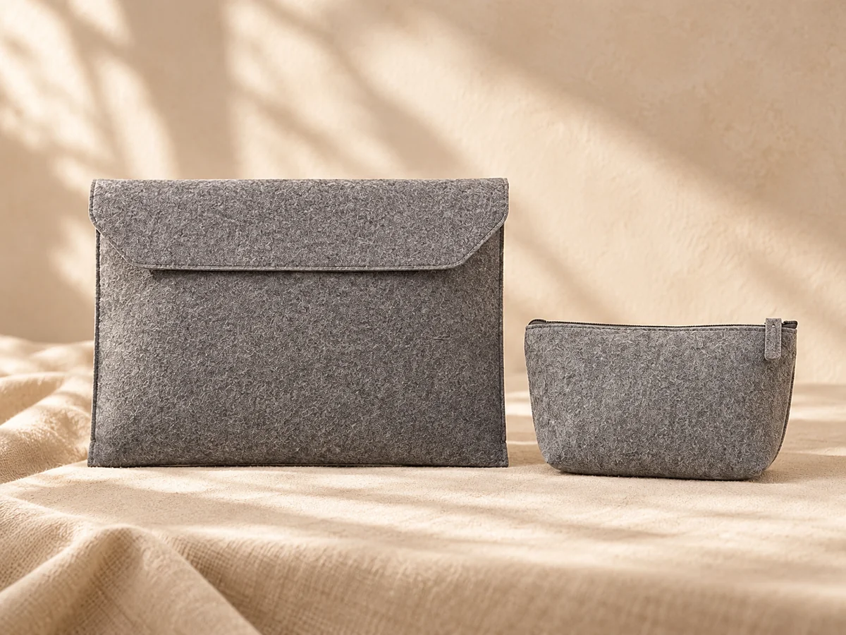 Grey felt envelope sleeve and zip pouch