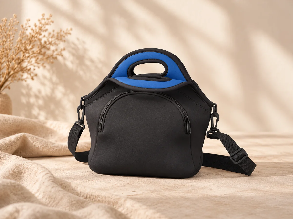 Black lunch bag with blue handle lining and shoulder strap