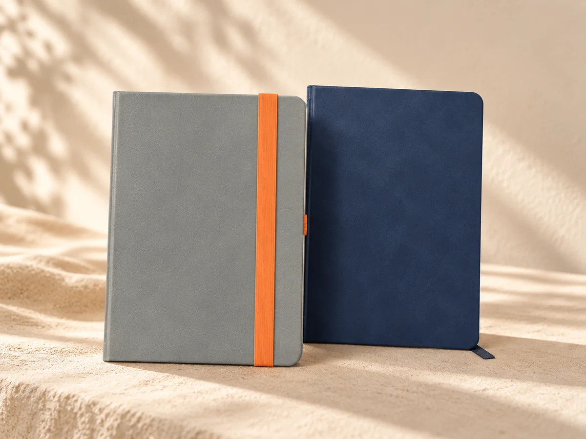 Grey notebook with orange elastic beside a navy notebook