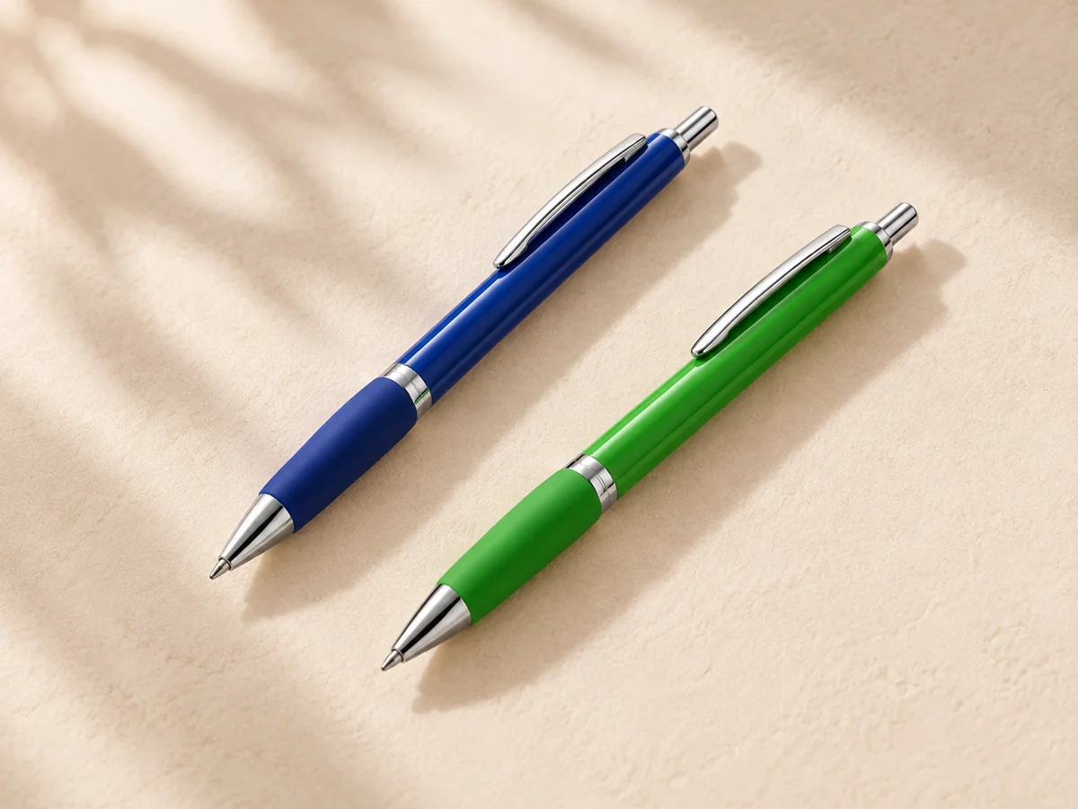 Blue and green promotional pens with silver details