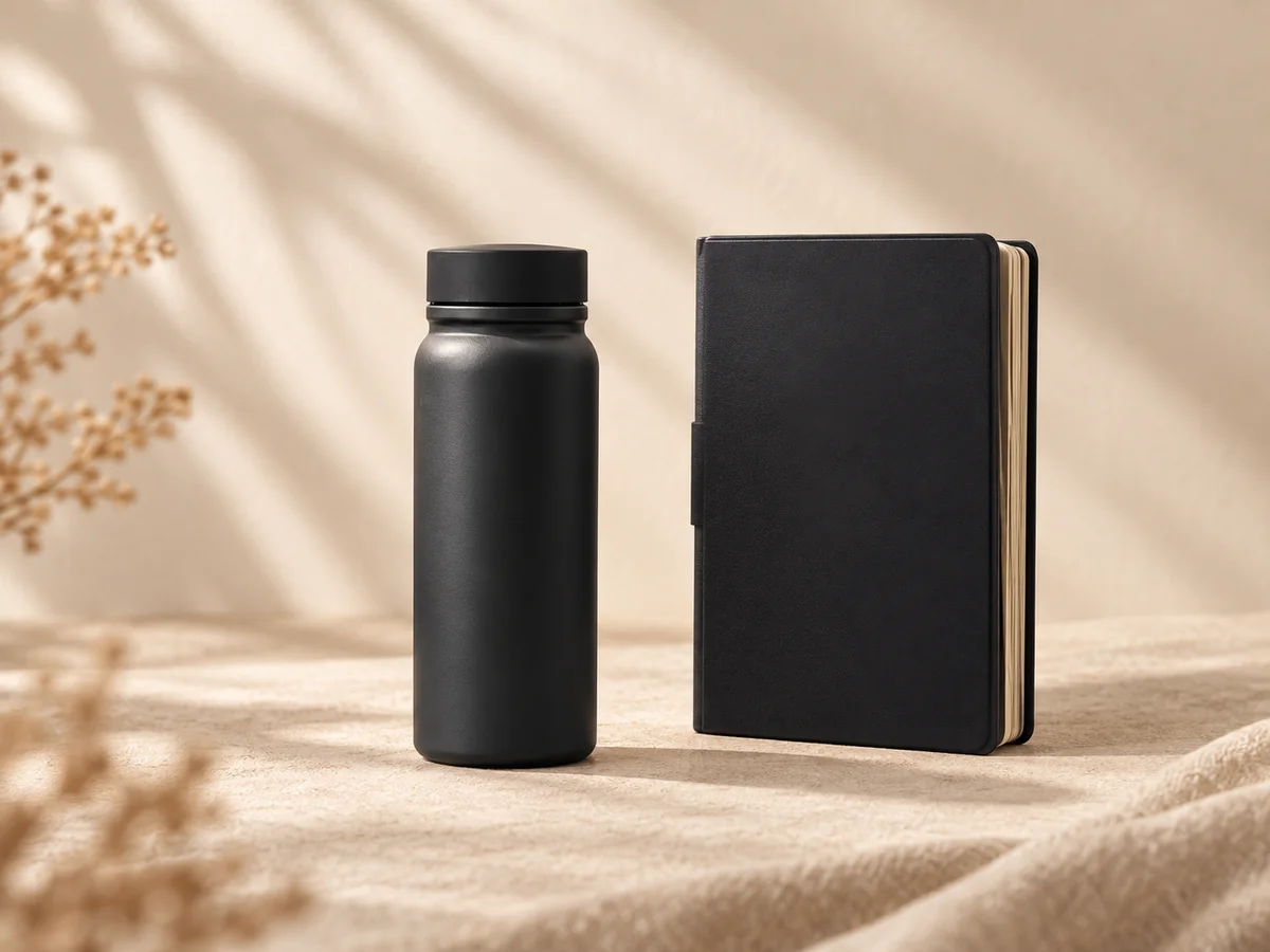 Dark drink bottle and notebook in a warm editorial arrangement