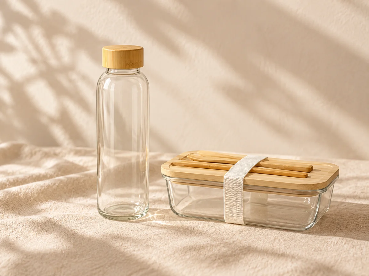 Clear bottle with bamboo cap beside a glass lunch container