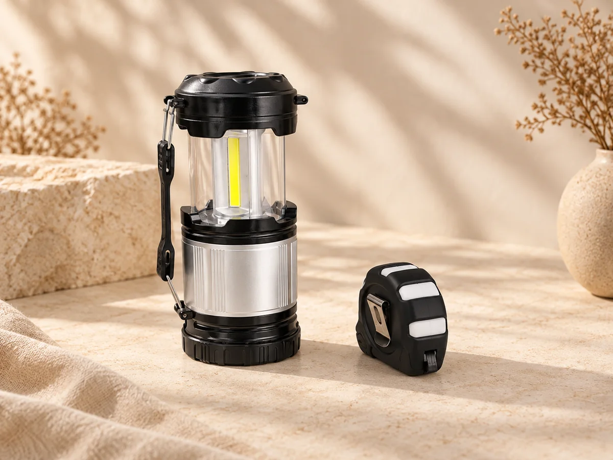 Black and silver camping lantern beside a compact tape measure