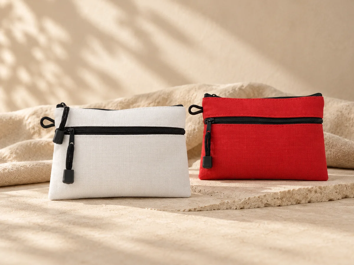 Red and white travel pouches with black zips
