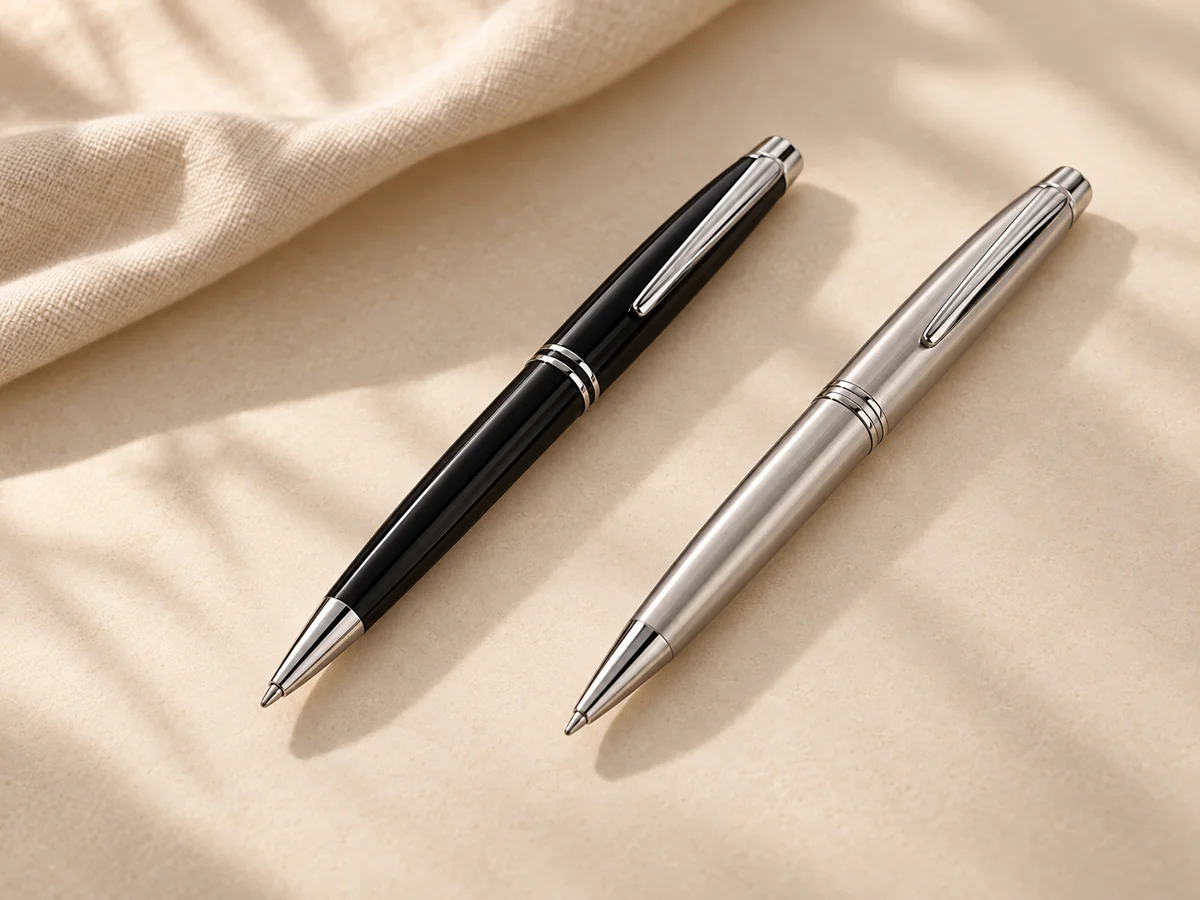 Black and silver executive pens on a cream surface