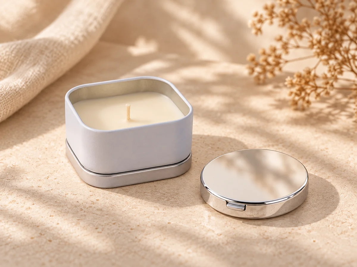 Pale grey candle tin beside a silver compact mirror