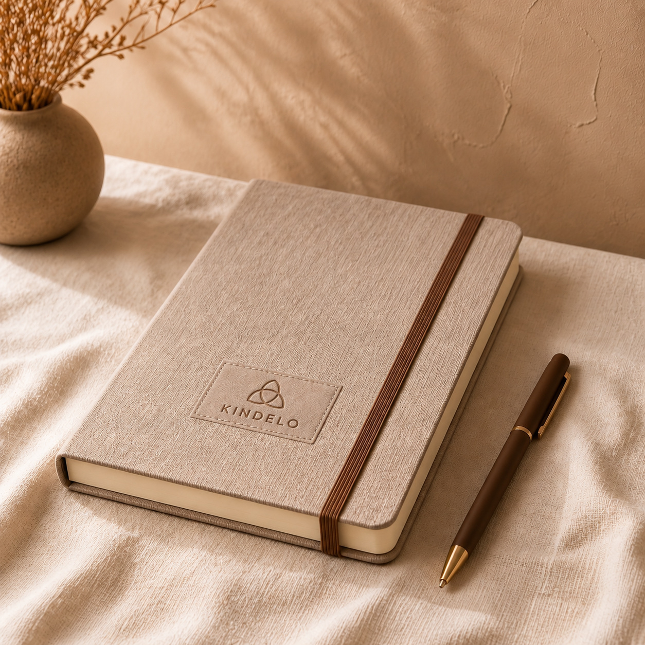 Oatmeal linen notebook with a fictional company logo and matching pen