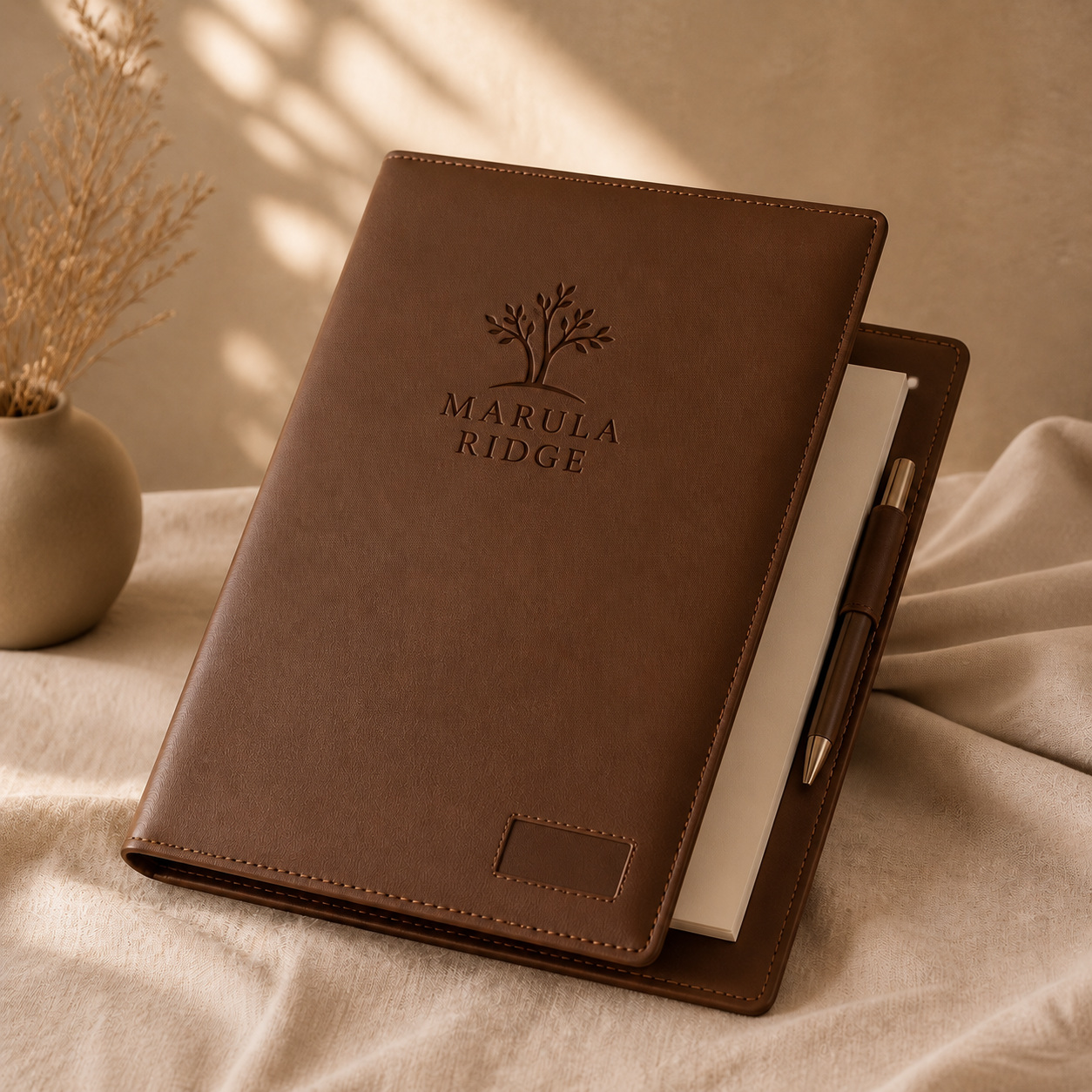 Coffee-brown leather portfolio with an embossed company logo, notepad and pen