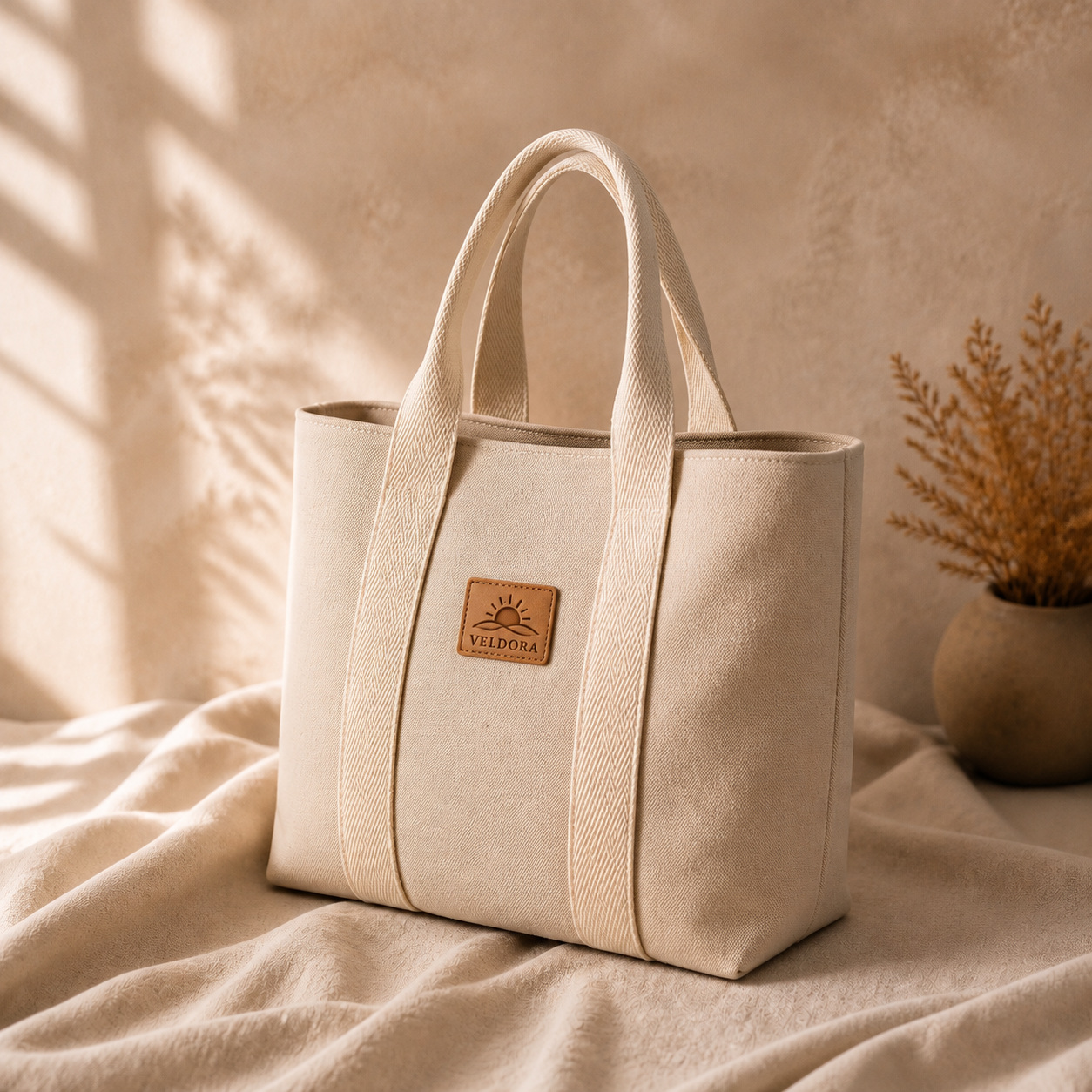 Oatmeal canvas tote bag with a branded leather patch